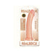 Vanilla-colored curved realistic dildo with suction cup in clear packaging labeled RealRock 8-inch size.
