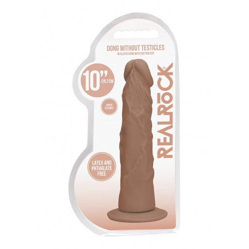 Tan 10-inch realistic dildo without testicles with suction cup base in clear packaging by Realrock.