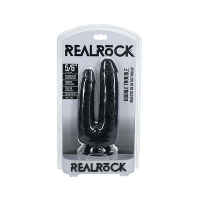 Realrock Double Trouble dual-ended black dildo with suction cup base in clear retail packaging.