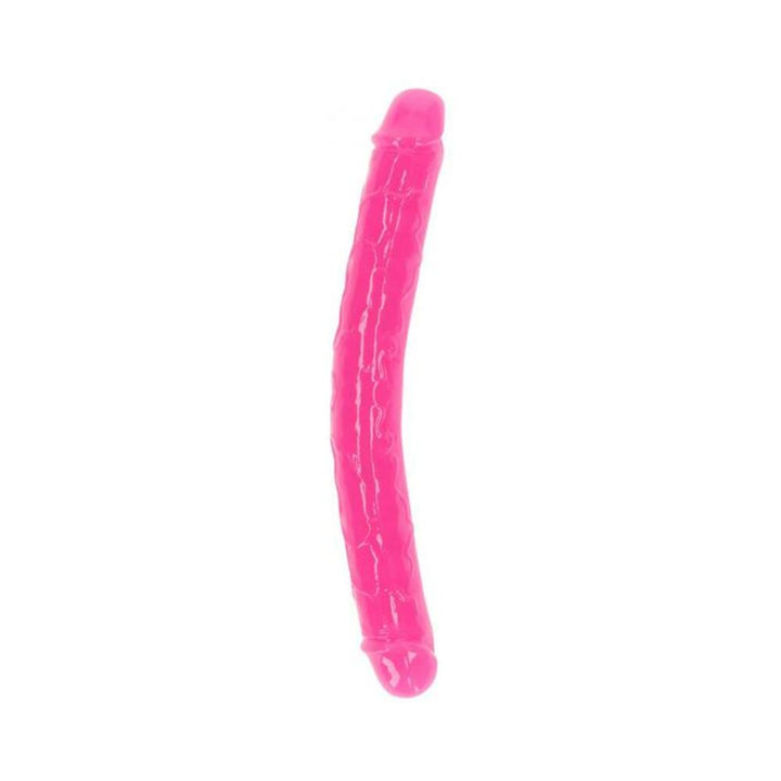 Pink dual-ended flexible dildo with realistic texture and glow-in-the-dark feature, 12 inches long.