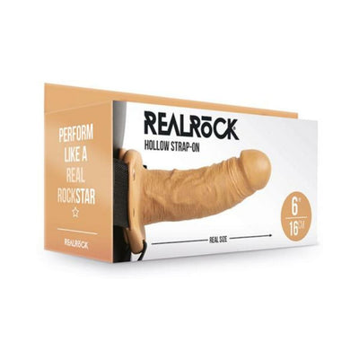 RealRock Hollow Strap-On 6-inch realistic design with adjustable black straps in product packaging box.