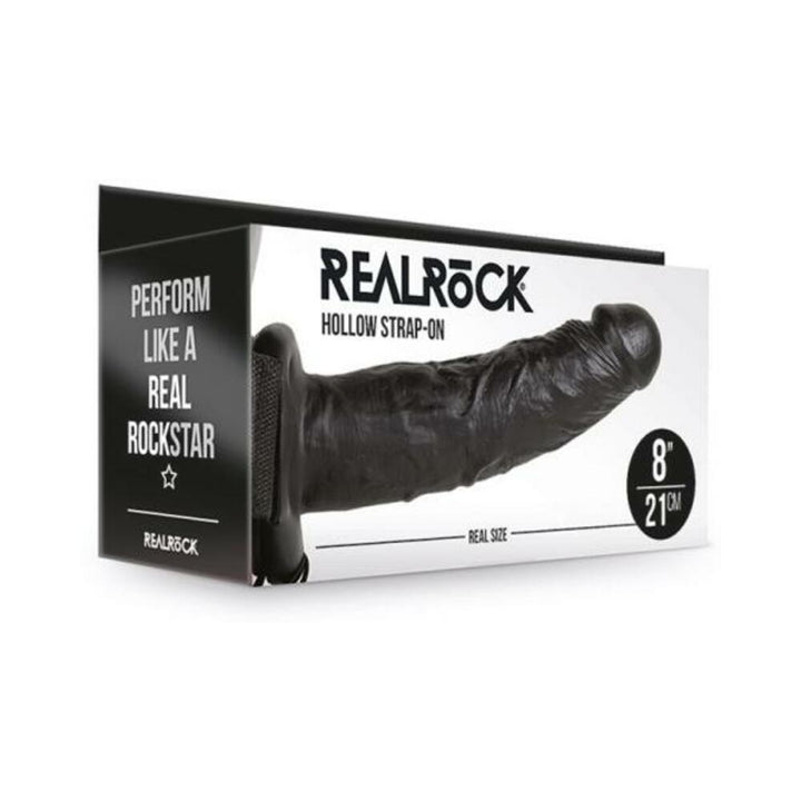 Packaging box of Realrock Hollow Strap-On 8 inch in black with product image and branding details.