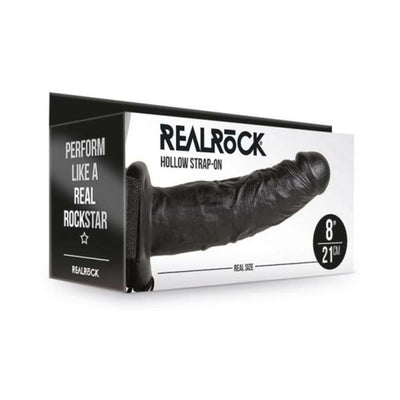 Packaging box of Realrock Hollow Strap-On 8 inch in black with product image and branding details.