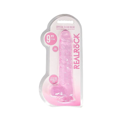 Pink 9-inch Realrock realistic dildo with suction cup in clear molded packaging, latex and phthalate free.