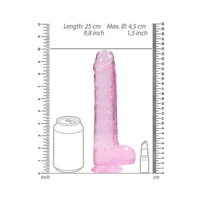 Pink realistic dildo with ball detail, standing next to a soda can and lipstick for size comparison, with measurement scales.