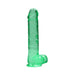 Turquoise translucent realistic dildo with balls and suction cup base, 10 inches insertable length.