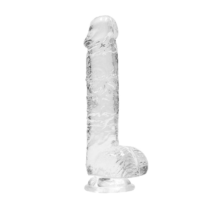 Clear realistic dildo with suction base and detailed texture, 6 inches in length with attached balls.