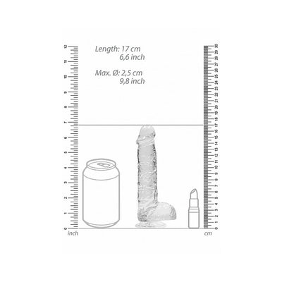 Clear realistic dildo with suction base shown next to a soda can and lipstick for size comparison, with measurement scales.