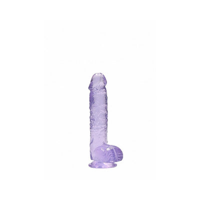 Translucent purple realistic dildo with suction cup base and detailed texture, standing upright on white background.