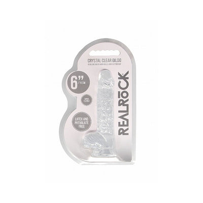 Realrock 6-inch crystal clear realistic dildo with balls in sealed packaging, latex and phthalate free, flexible design.