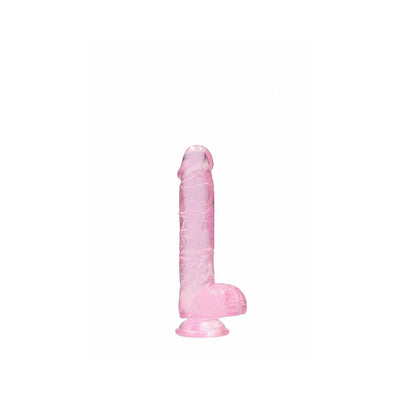 Translucent pink realistic dildo with suction cup base and detailed texture, 6 inches long with attached balls.
