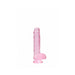 Translucent pink realistic dildo with suction cup base and detailed texture, 6 inches long with attached balls.