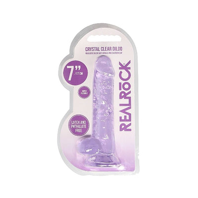 Realrock 7-inch crystal clear flexible dildo with suction cup and realistic texture in purple packaging