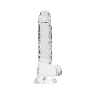 Clear realistic dildo with suction cup base and detailed texture, 7 inches long, designed for versatile use.
