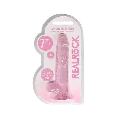 Pink crystal clear 7-inch realistic dildo with balls and suction cup in branded packaging.