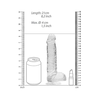 Clear 8-inch realistic dildo with suction base shown next to a soda can and lipstick for size comparison.