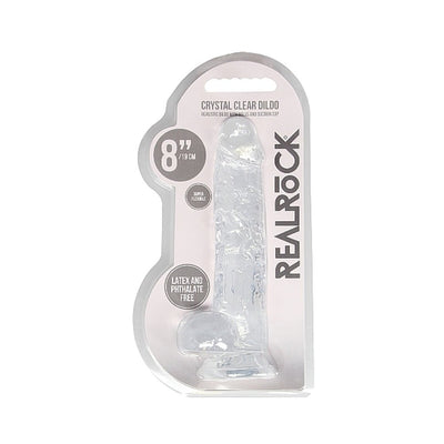 Clear 8-inch realistic dildo with balls and suction cup in transparent packaging by Realrock.