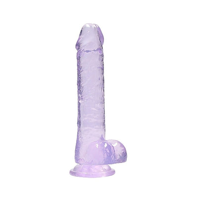 Translucent lavender realistic dildo with balls and suction cup base standing upright on white background.