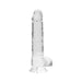 Clear realistic dildo with textured shaft and suction cup base, 8 inches in length with detailed design.