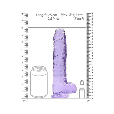 Transparent purple realistic dildo with suction base, shown with size comparison to a soda can and lipstick, measuring 9.8 inches long.