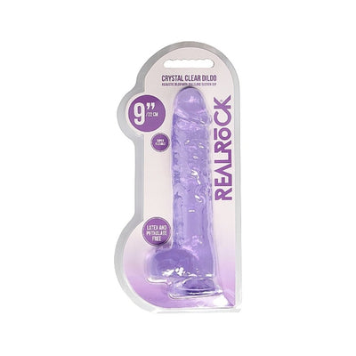 Purple crystal clear 9-inch realistic dildo with balls in clear packaging, latex and phthalate free, flexible design.
