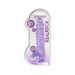 Purple crystal clear 9-inch realistic dildo with balls in clear packaging, latex and phthalate free, flexible design.