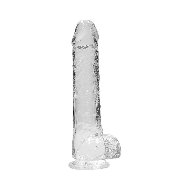 Clear 9-inch realistic dildo with textured shaft and attached suction cup base for hands-free use.