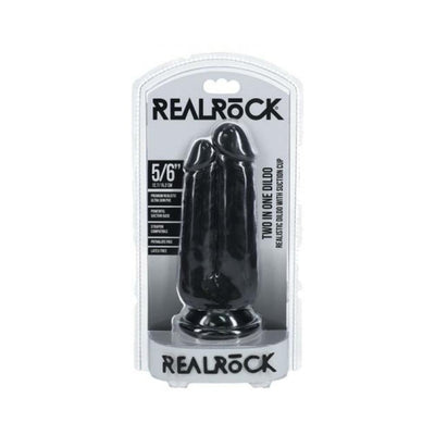 Realrock Two In One 5 and 6 inch black dual dildo with suction base in clear retail packaging