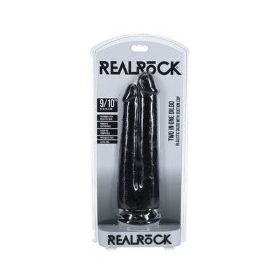 Realrock two-in-one black dildo with dual shafts and suction cup base in clear retail packaging.