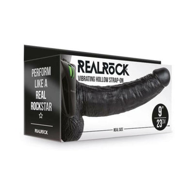 Realrock Vibrating Hollow Strap-On in chocolate color with 9-inch length shown on product packaging.