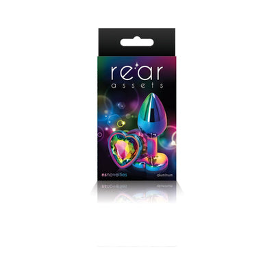 Packaging of Rear Assets multicolor heart-shaped medium aluminum butt plug with chrome-plated finish and iridescent design.