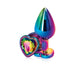 Multicolor chrome-plated medium-sized butt plug with a heart-shaped gem base in vibrant rainbow hues.