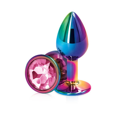 Small multicolor chrome-plated metal plug with a pink faceted gem base, designed for beginner use.