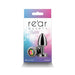 Petite metal anal plug in gunmetal with rainbow gem base displayed on colorful packaging background
