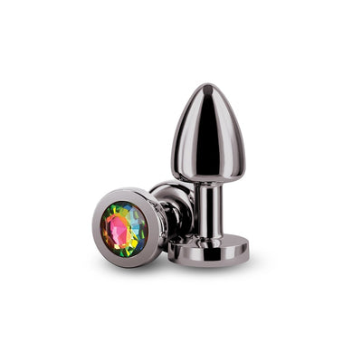 Petite gunmetal metal anal plug with a rainbow-colored gem base, polished and reflective surface.