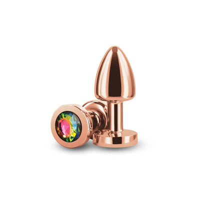 Petite rose gold metal plug with a rainbow-colored gem base, smooth and polished finish.