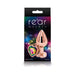 Rose gold medium-sized aluminum butt plug with a heart-shaped multicolor gem base in retail packaging