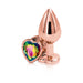 Rose gold medium-sized metal butt plug with a colorful heart-shaped gem base on a white background.