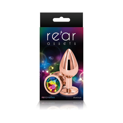 Rose gold medium-sized aluminum butt plug with a colorful rainbow gem base in retail packaging.