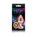 Rose gold medium-sized aluminum butt plug with a colorful rainbow gem base in retail packaging.