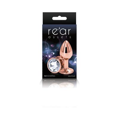 Rose gold small aluminum anal plug with clear gem base in black Rear Assets packaging box