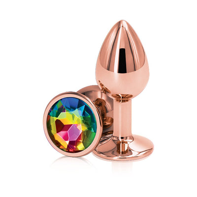 Small rose gold chrome-plated metal plug with a multicolored faceted gem base on white background.