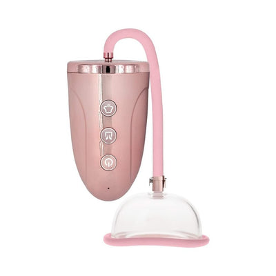 Rechargeable pink pussy pump with clear acrylic cylinder and flexible silicone tube, featuring three control buttons on a sleek metallic body.