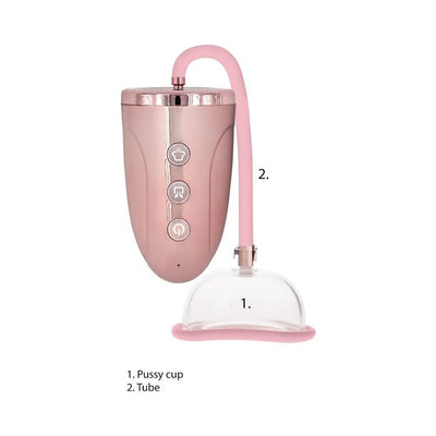 Rechargeable pink pussy pump with clear suction cup and flexible tube, featuring three control buttons on the main unit.