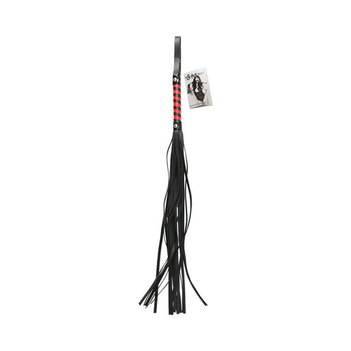 Red and black striped flogger with multiple black tails and a wrist strap handle.
