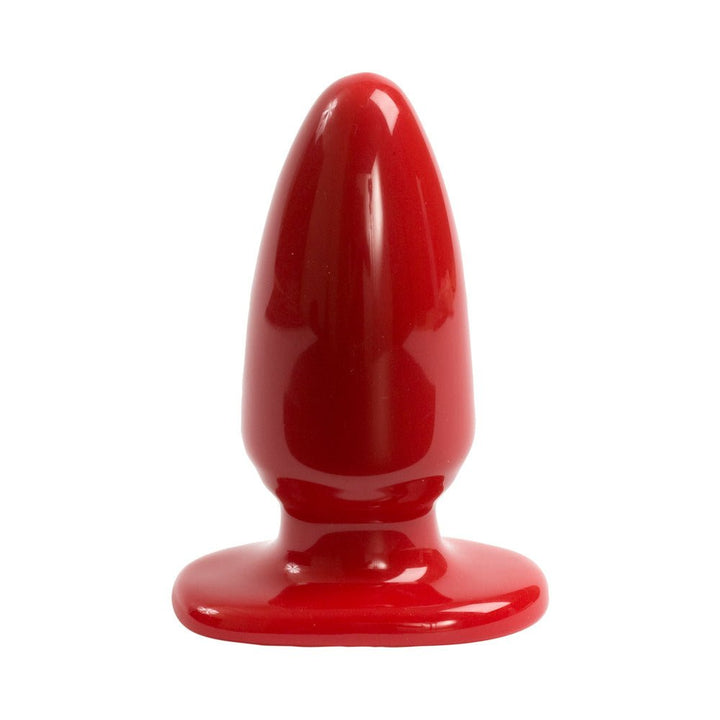 Glossy red large butt plug with wide flared base, smooth tapered design for comfortable use.