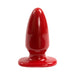 Glossy red large butt plug with wide flared base, smooth tapered design for comfortable use.