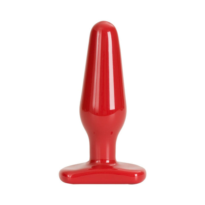 Glossy red medium-sized butt plug with a wide flared base for safe and comfortable use.