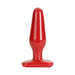 Glossy red medium-sized butt plug with a wide flared base for safe and comfortable use.