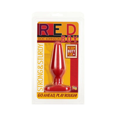 Red Boy Medium Butt Plug in red with strong, sturdy design in clear retail packaging by Doc Johnson.